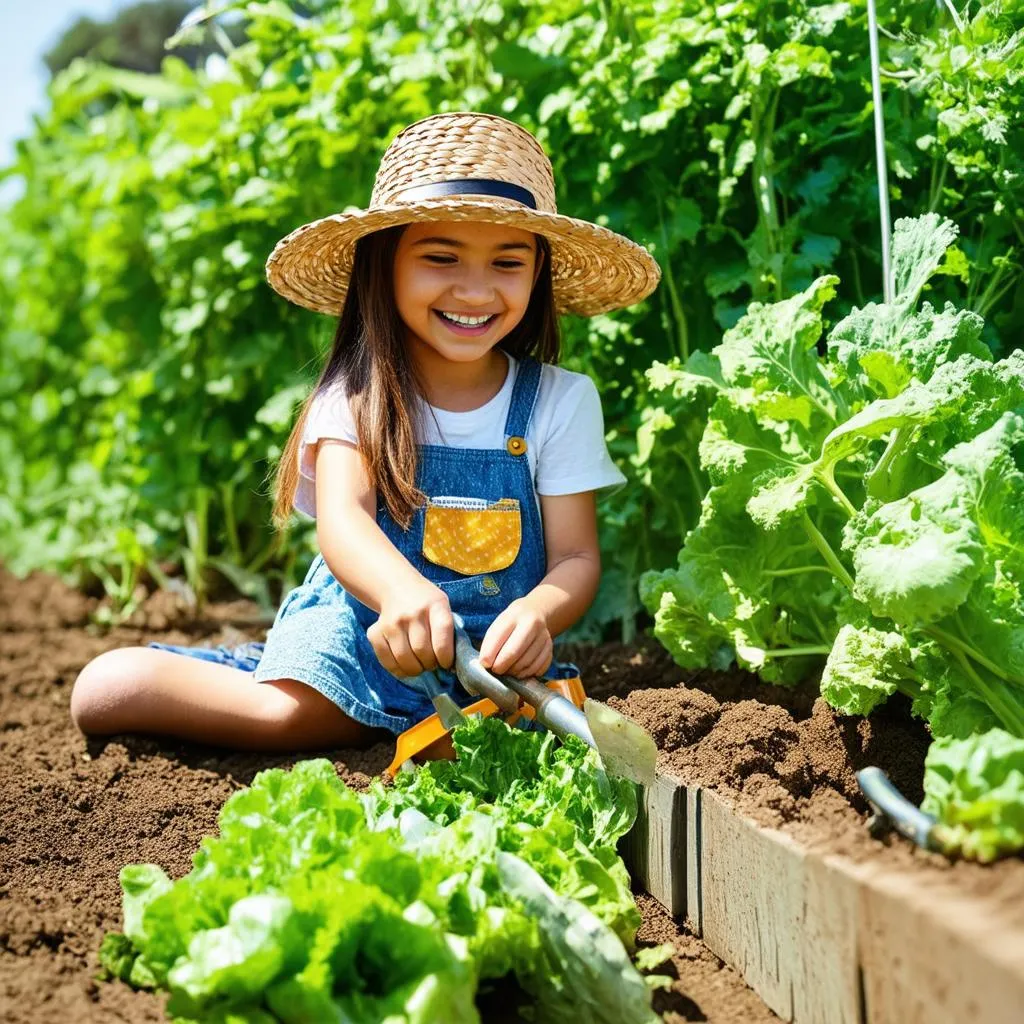 Bé gái chăm sóc cây trồng trong vườn