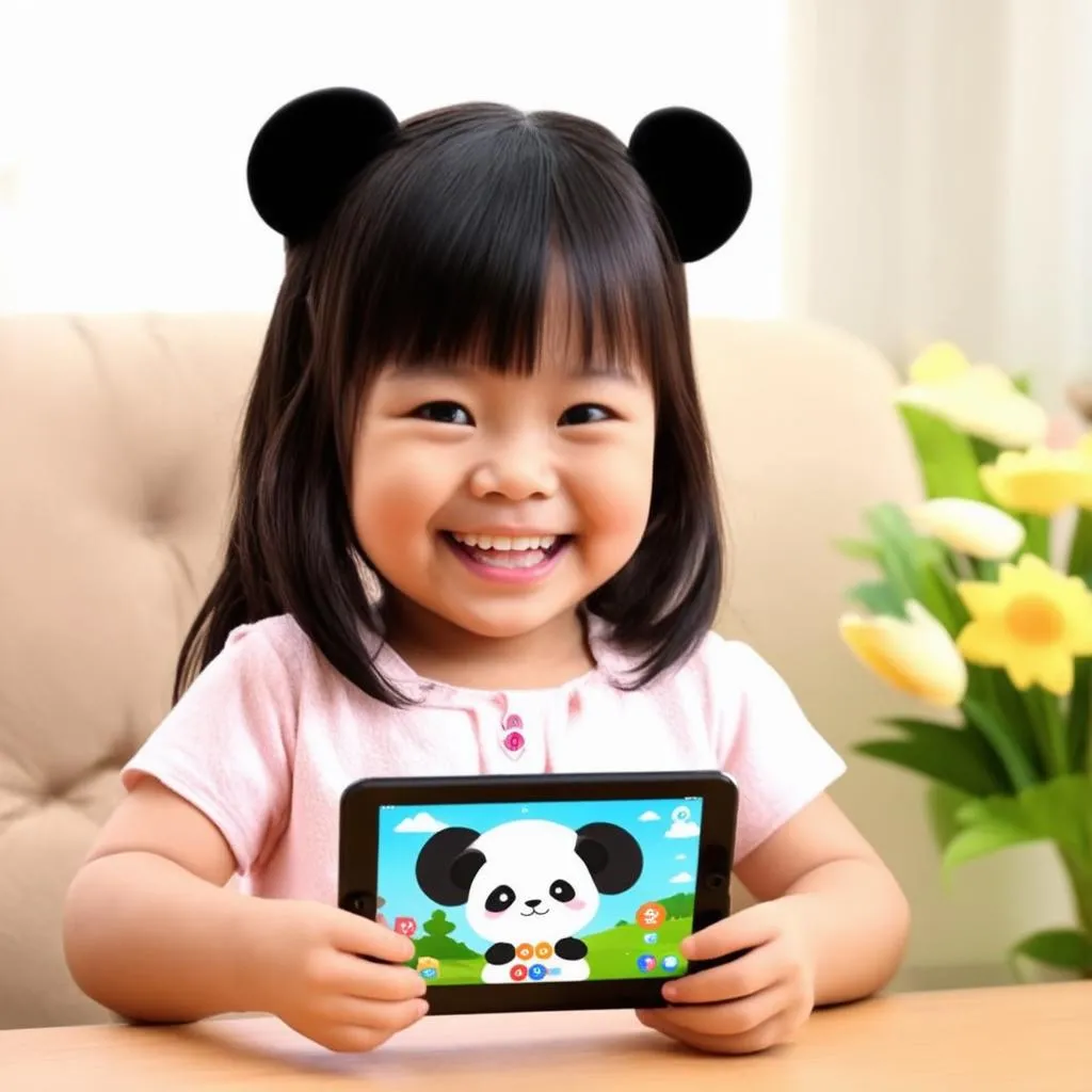 Bé gái chơi game gấu trúc Babybus trên ipad