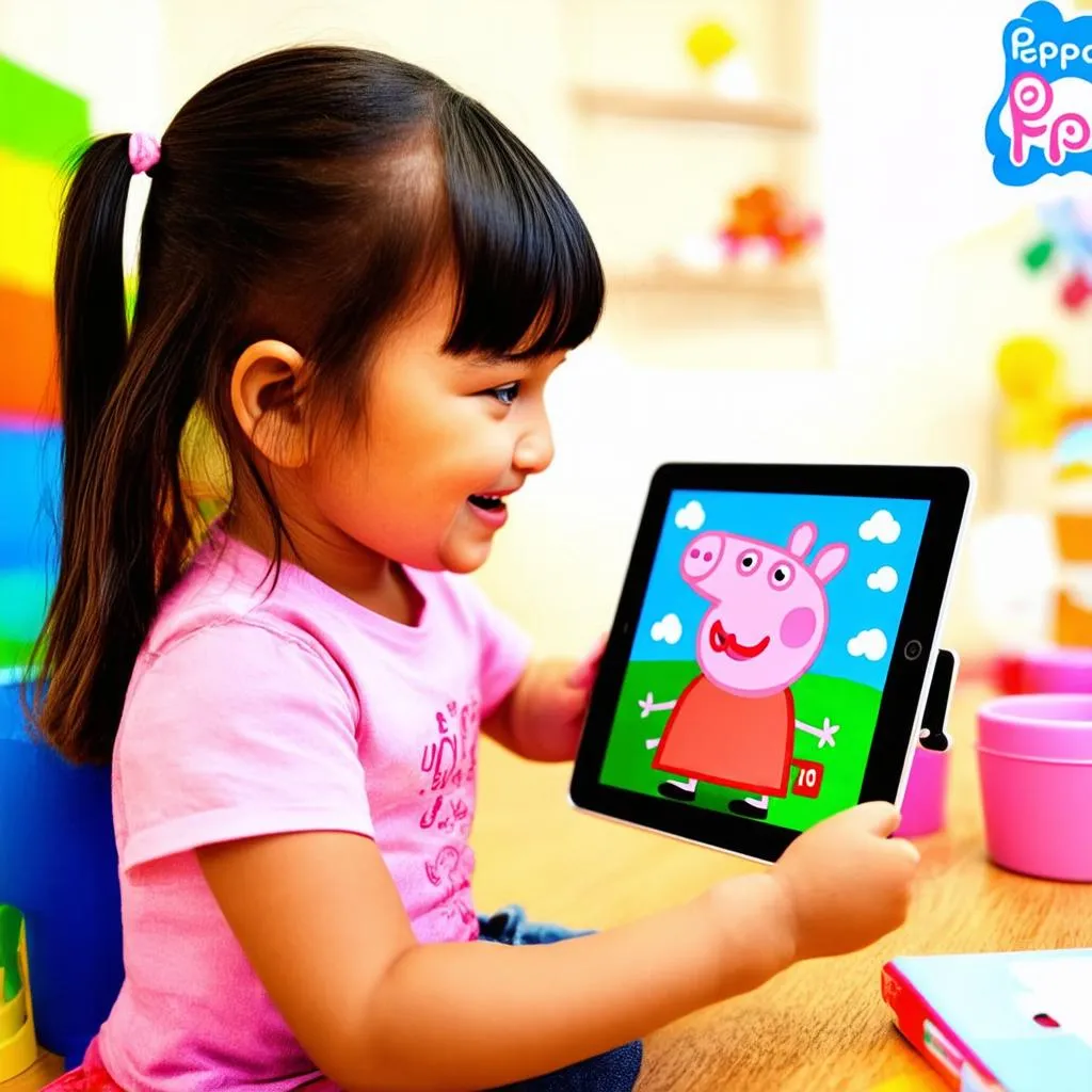 Bé gái đang vui vẻ chơi game Heo Peppa trên iPad