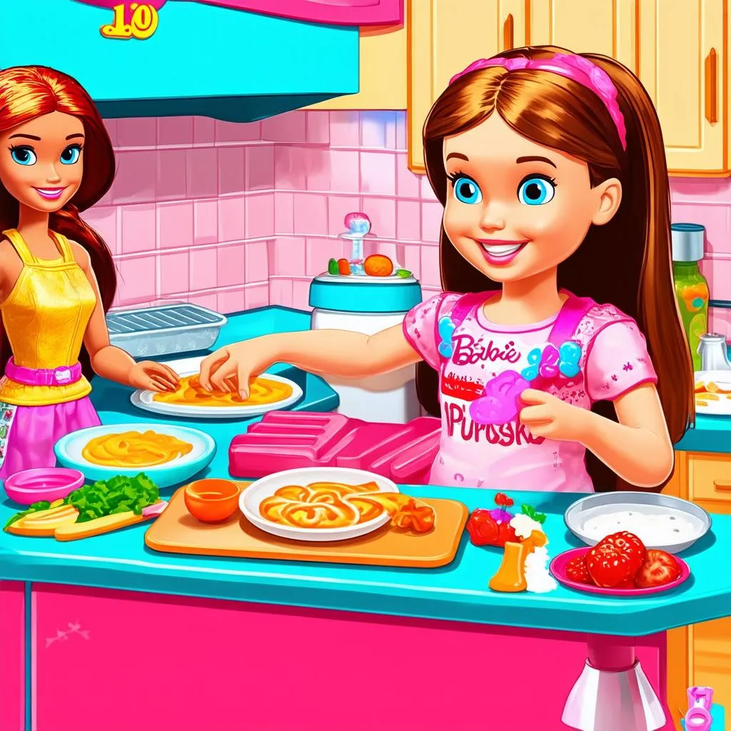 Bé gái chơi game nấu ăn cùng búp bê Barbie