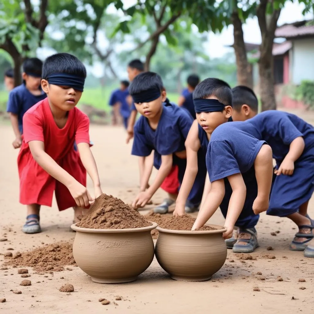 Trẻ em chơi bịt mắt đập niêu