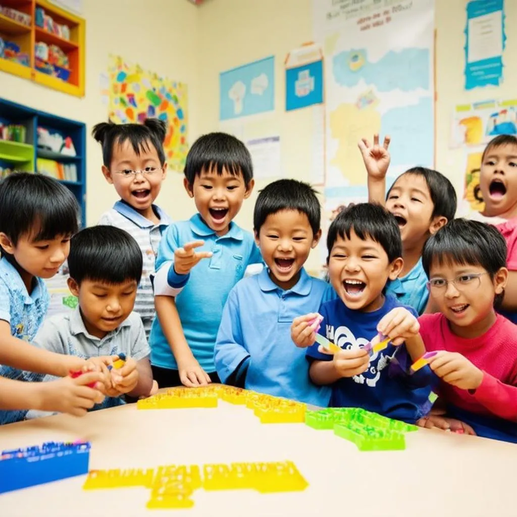 Children are excitedly playing English games