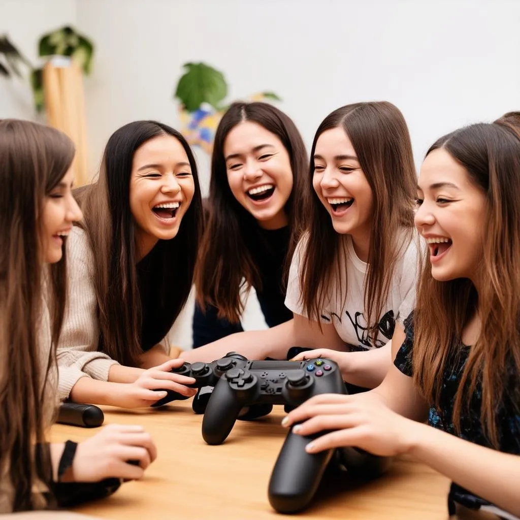 Các cô gái vui vẻ chơi game