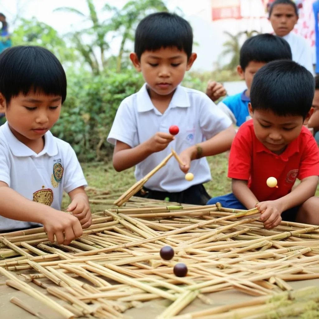 Các em học sinh đang chơi trò chơi Tùng Con Quay