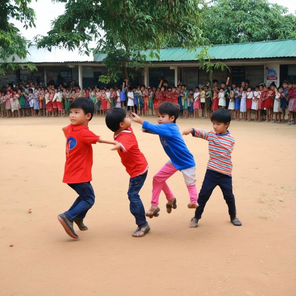 Các em nhỏ chơi tung con xuống ruộng