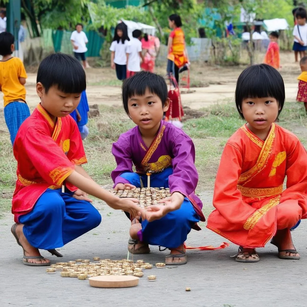 Các em nhỏ cùng tham gia trò chơi dân gian