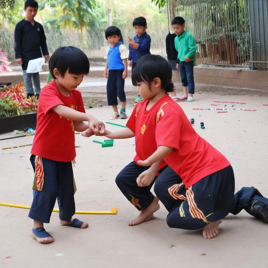 Các em nhỏ đang chơi ô ăn quan