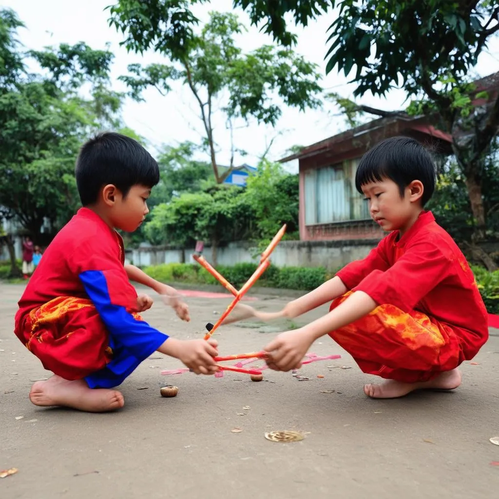 Các em nhỏ đang vui chơi ô ăn quan