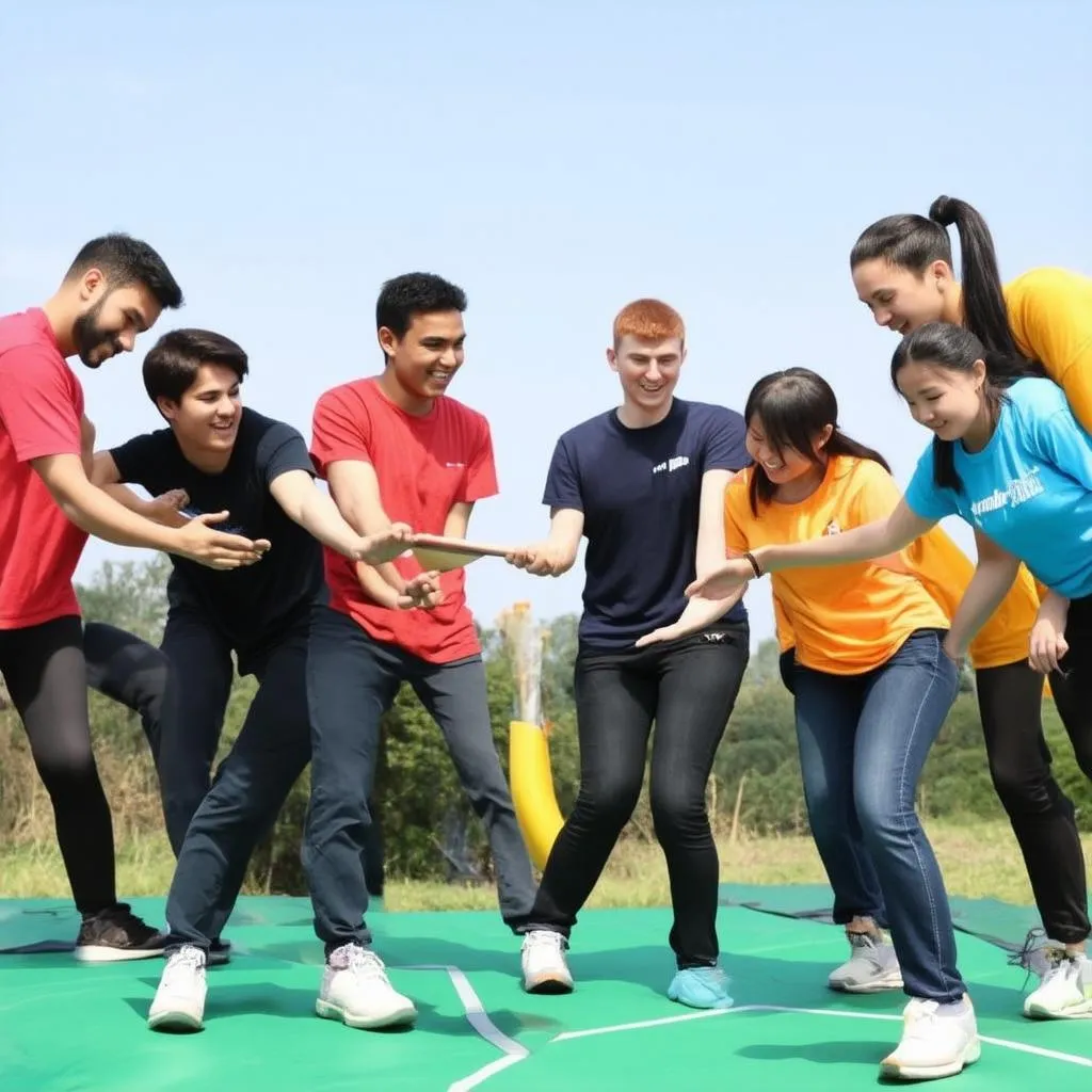 team members participating in team building games