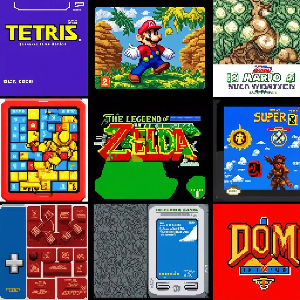 Hình ảnh ghép của các tựa game kinh điển như Tetris, Super Mario, The Legend of Zelda, Doom