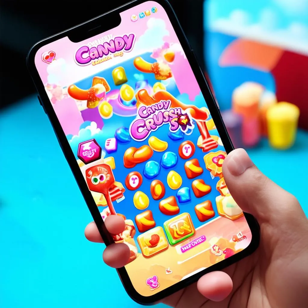 Điện thoại hiển thị màn hình chơi game Candy Crush Saga