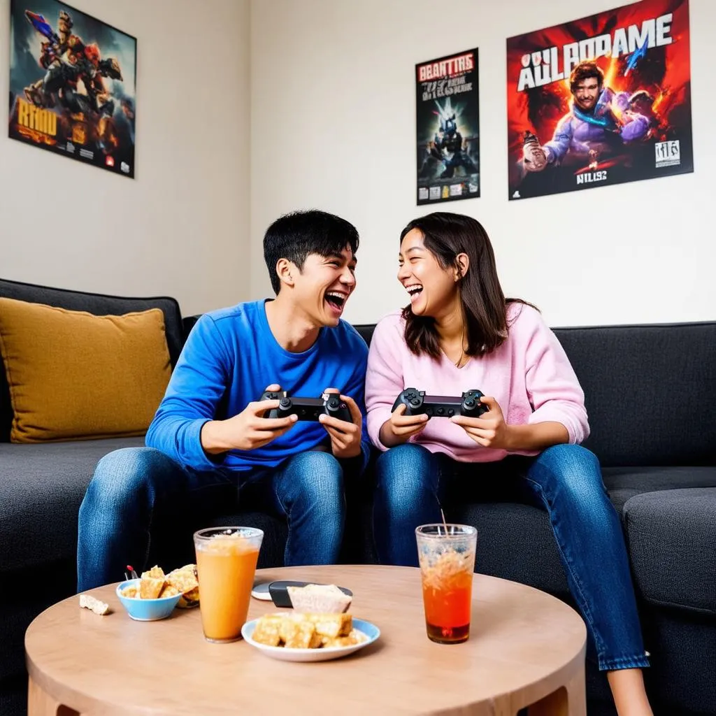 Cặp đôi chơi game và cười với nhau