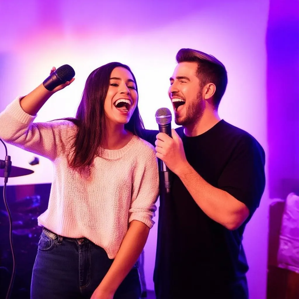 Cặp đôi vui vẻ hát Karaoke