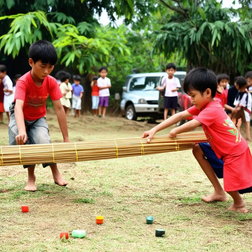 Trẻ em chơi câu tre lắc lẻo lan vương