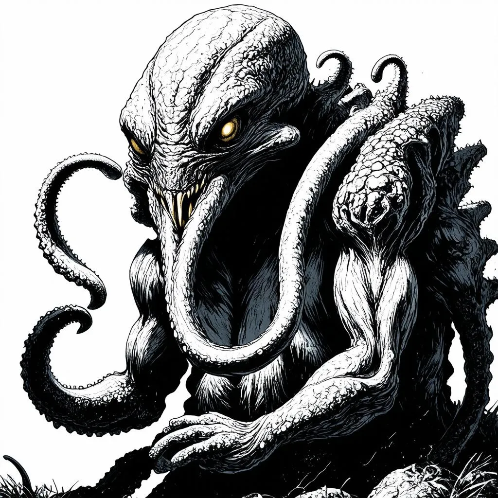 Hình ảnh minh họa cho Cthulhu, một quái vật khổng lồ với đầu bạch tuộc và thân hình giống người.