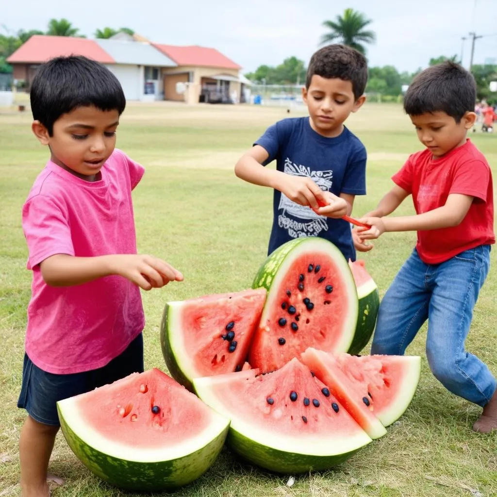 Trẻ em chơi chém dưa hấu truyền thống