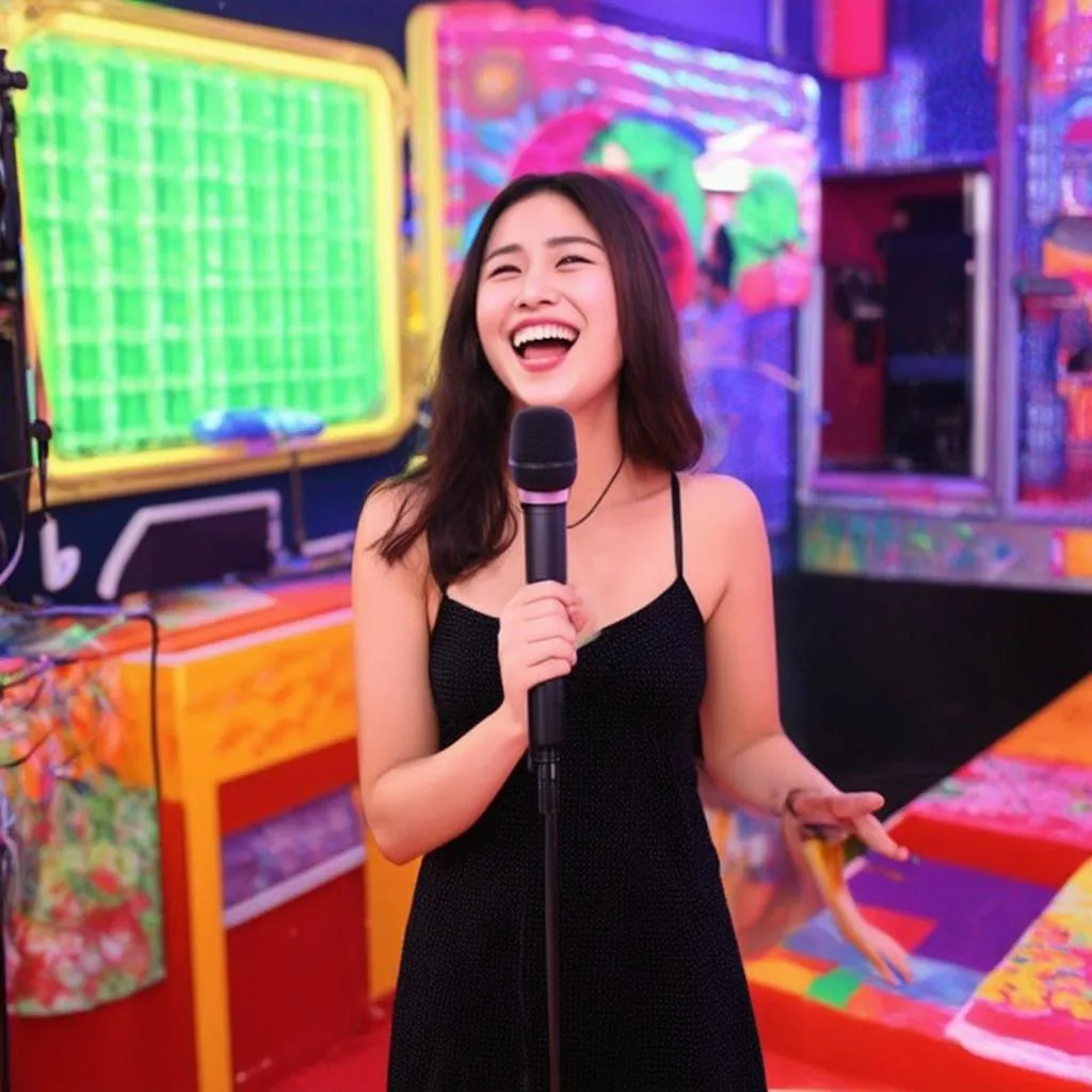 Ca sĩ nữ đang hát karaoke bài "Chỉ Vì Trò Chơi"