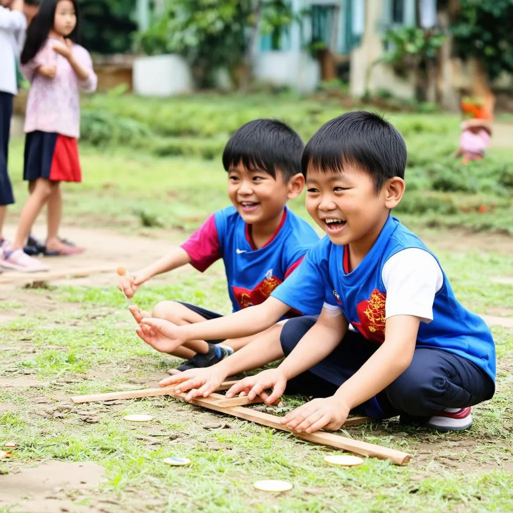 Trẻ em chơi cam quýt mít dừa ngoài trời