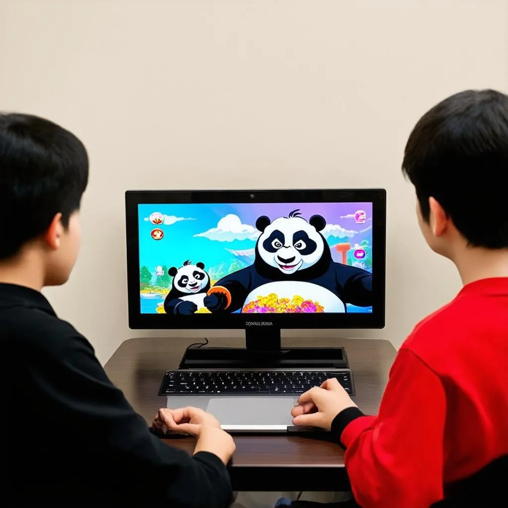 Hai người bạn đang cùng nhau chơi game Kungfu Panda trên máy tính