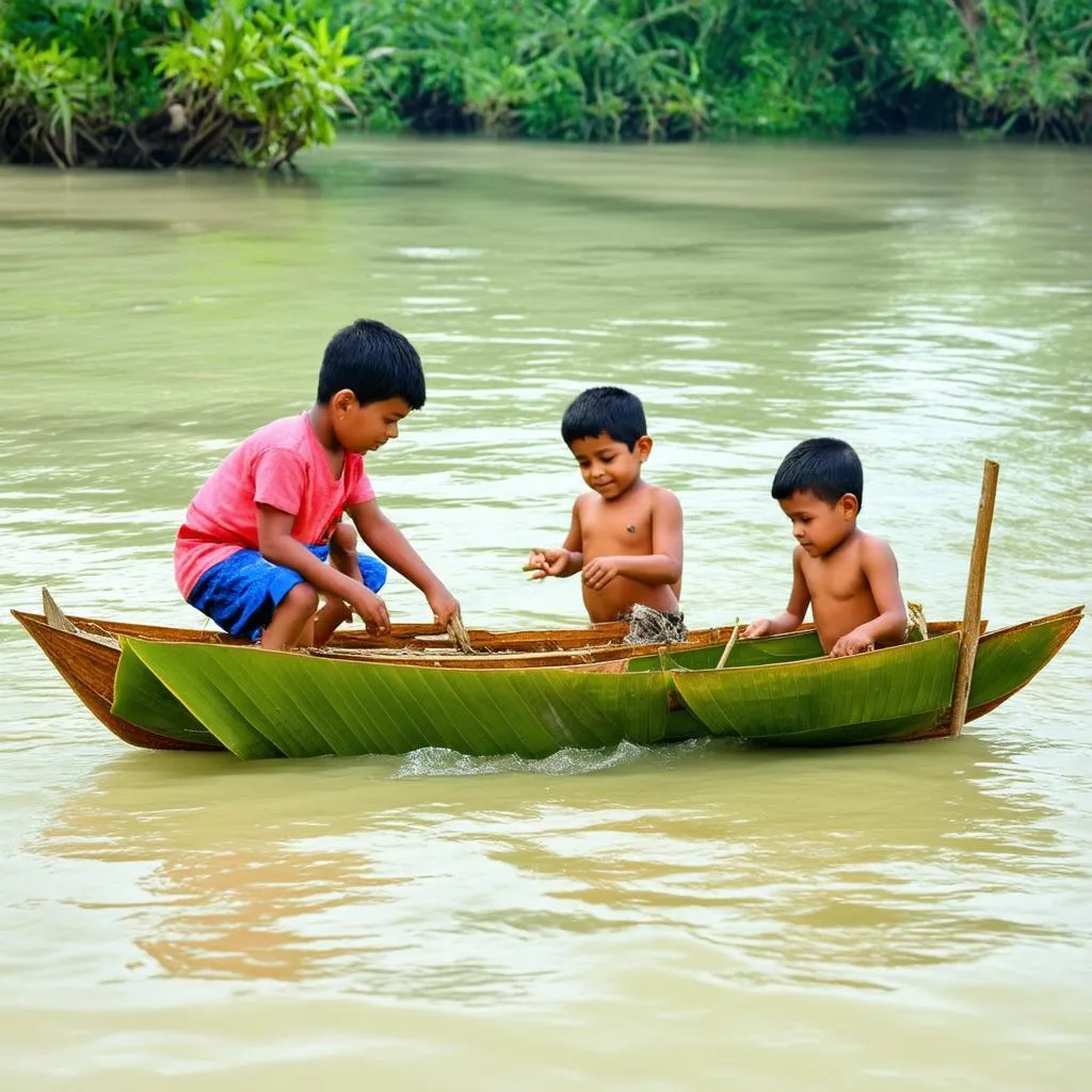 Trẻ em chơi tàu lá dừa