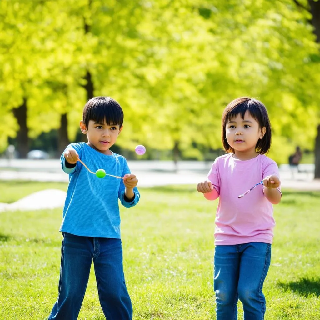 Trẻ em chơi yoyo ngoài trời