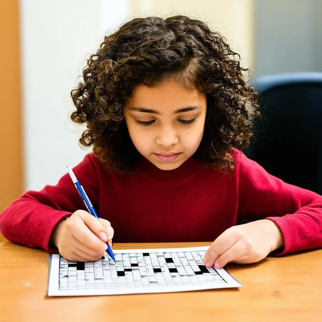 girl playing english crossword puzzle