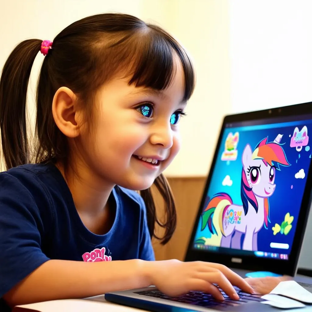 Cô gái đang chơi game Pony trên máy tính