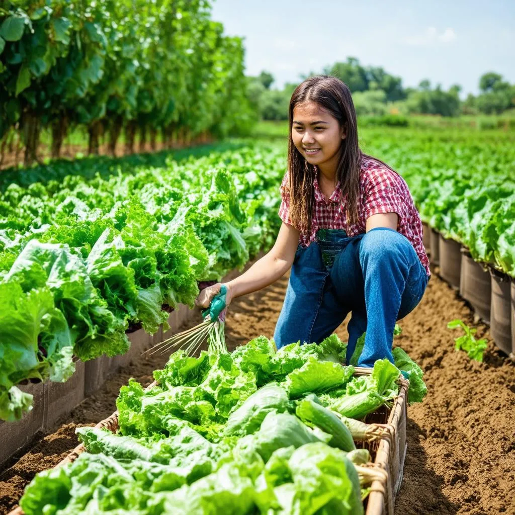 Cô gái đang thu hoạch nông sản