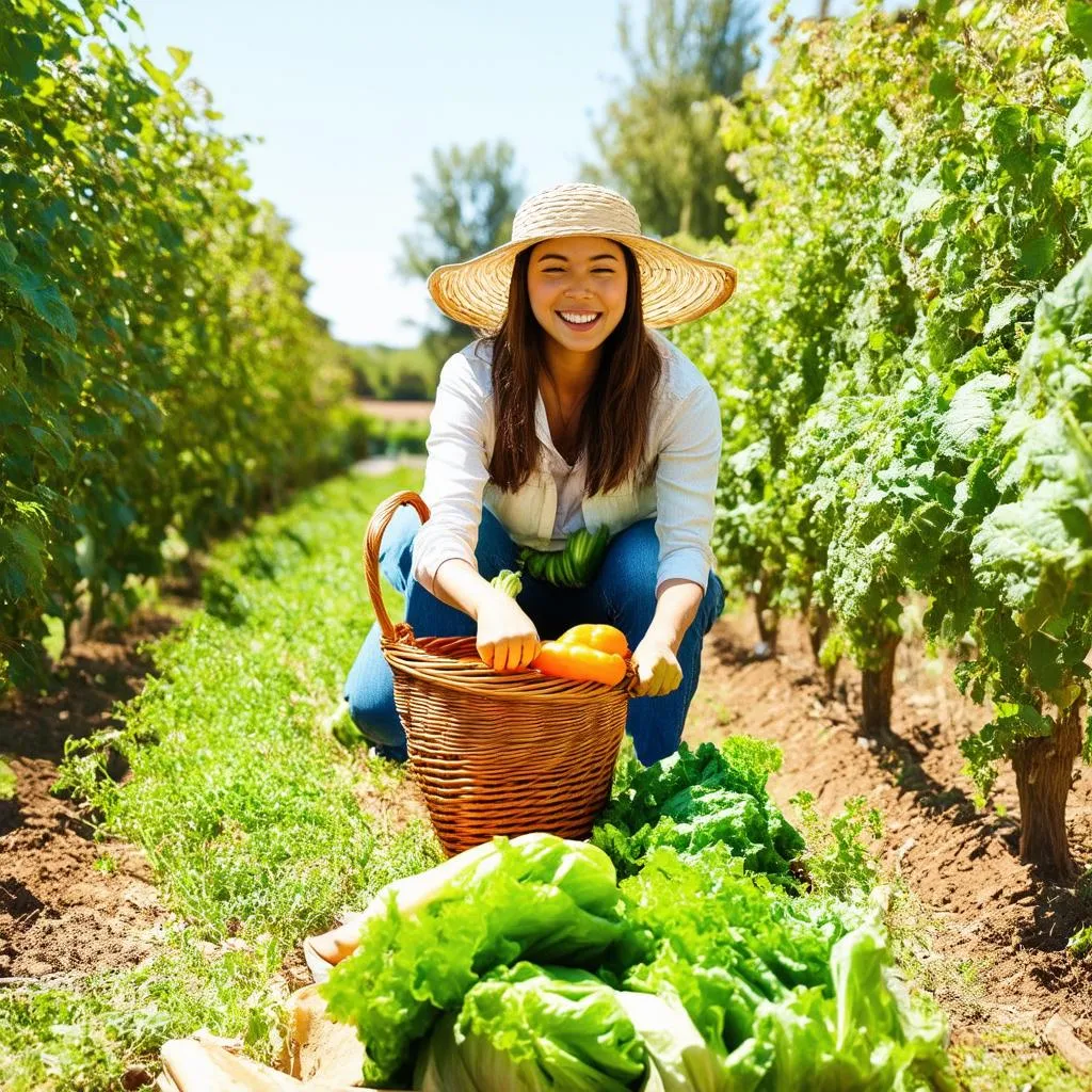 cô gái đang thu hoạch nông sản