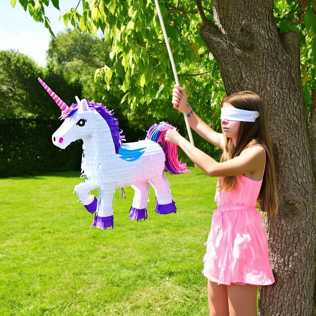 Cô gái đập pinata hình unicorn