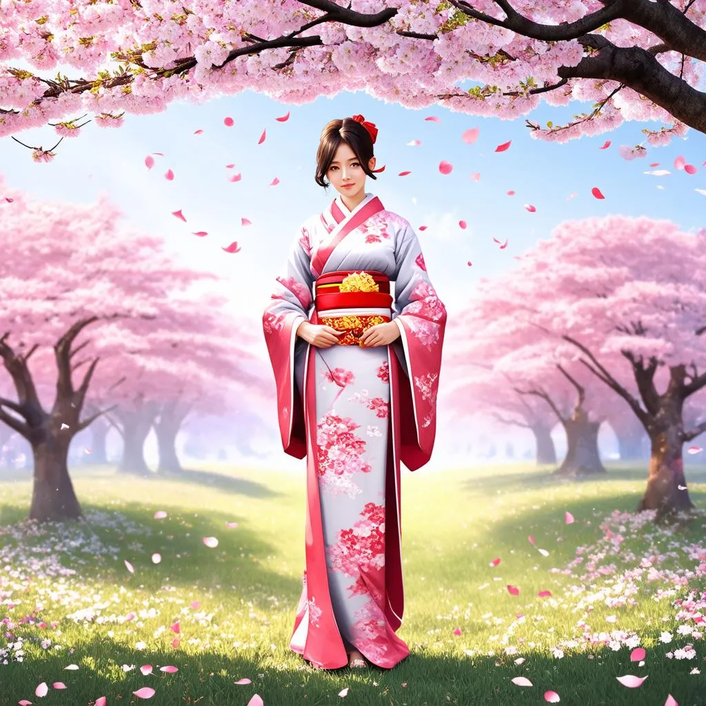 Cô gái trong trang phục Kimono dưới cánh hoa anh đào