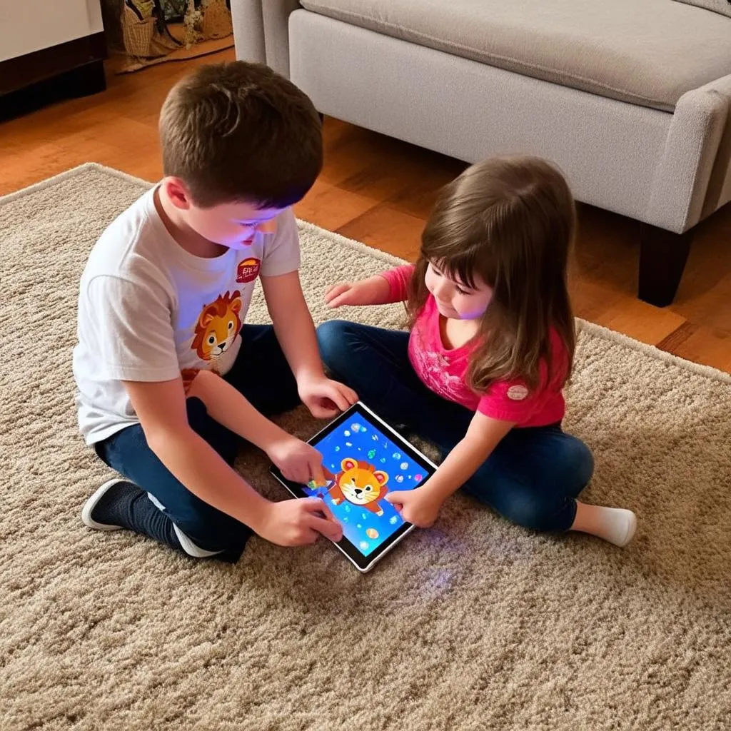 Con nít đang chơi game sư tử trên Ipad