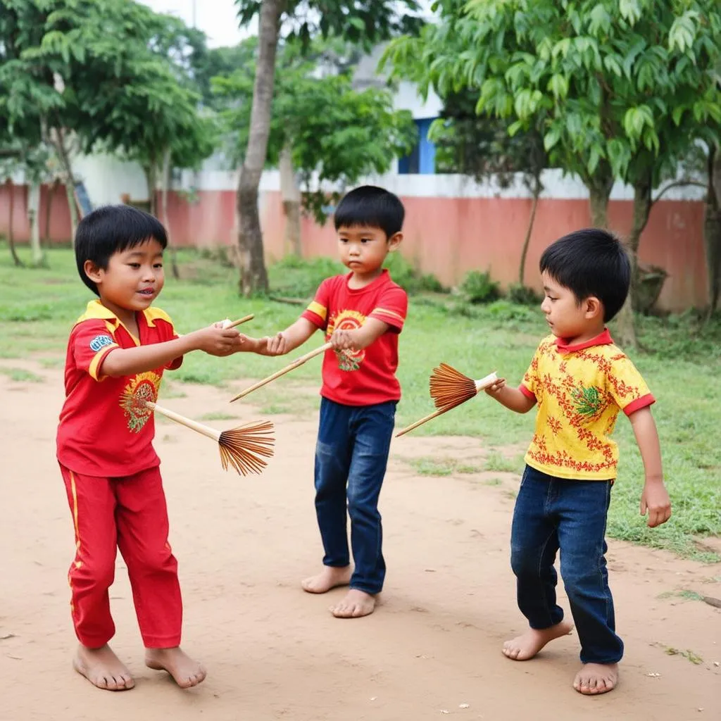 Trẻ em chơi đá cầu truyền thống