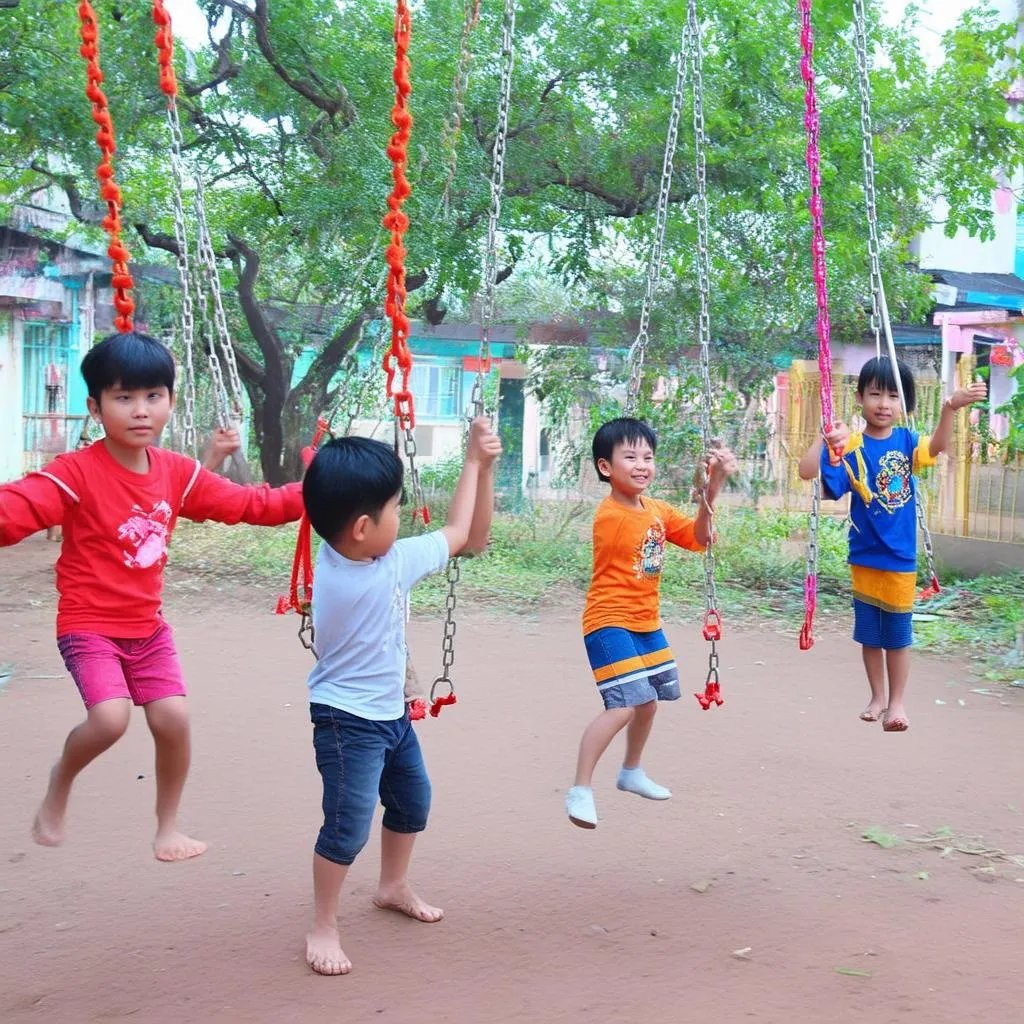 Trẻ em chơi đánh đu ngày Tết