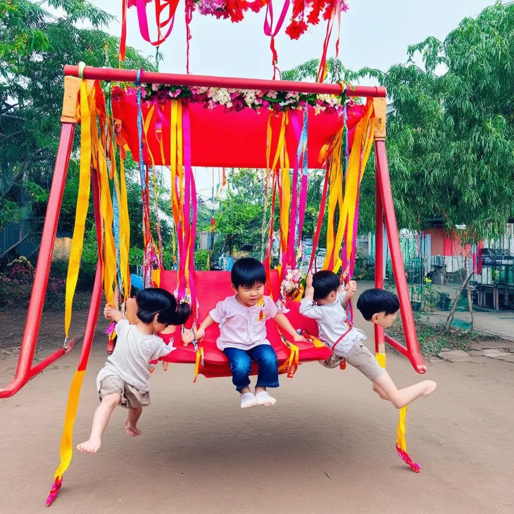 Trẻ em chơi đánh đu ngày Tết