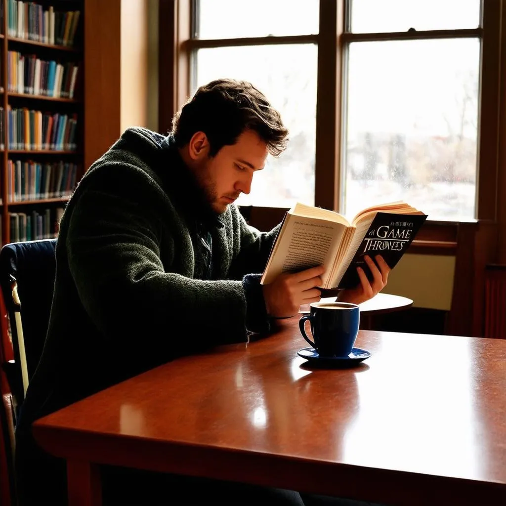 A person reading A Game of Thrones book in a library