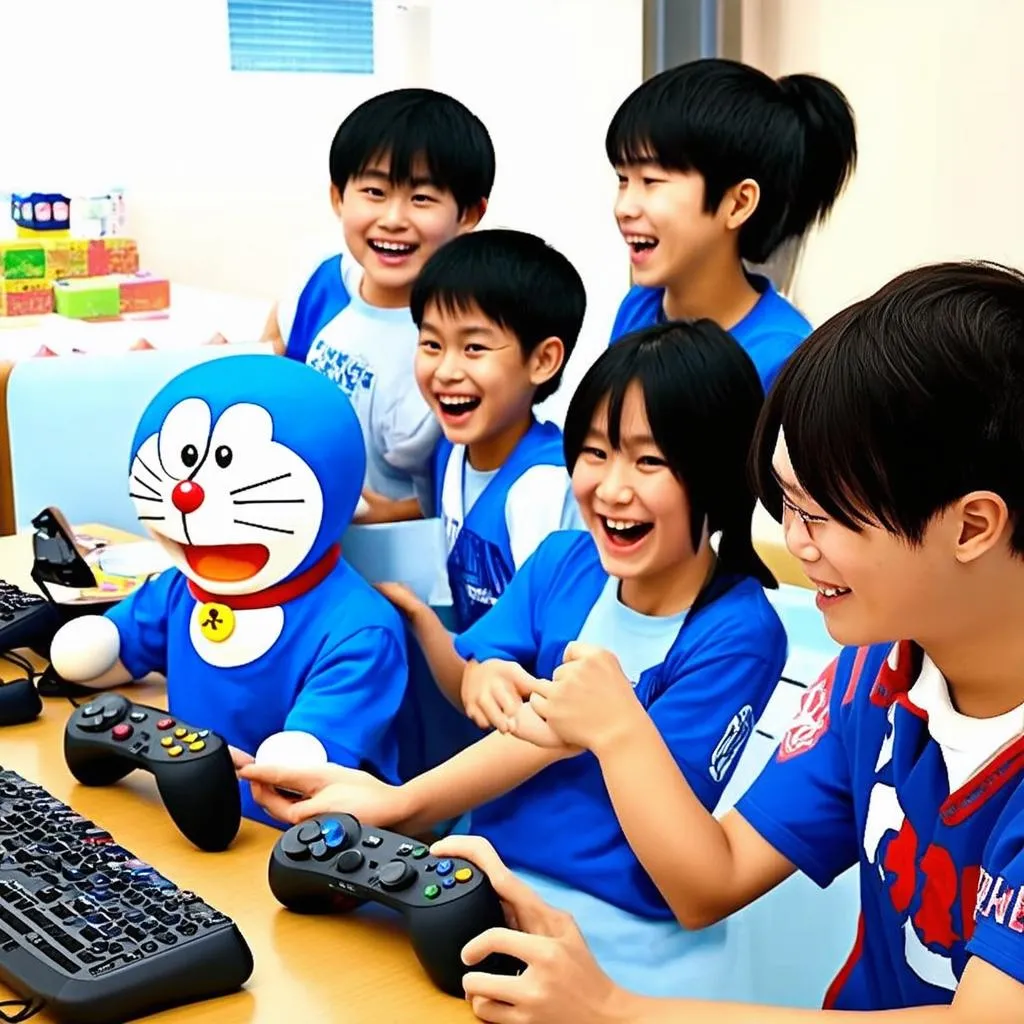 Doraemon và Nobita chơi game cùng nhau