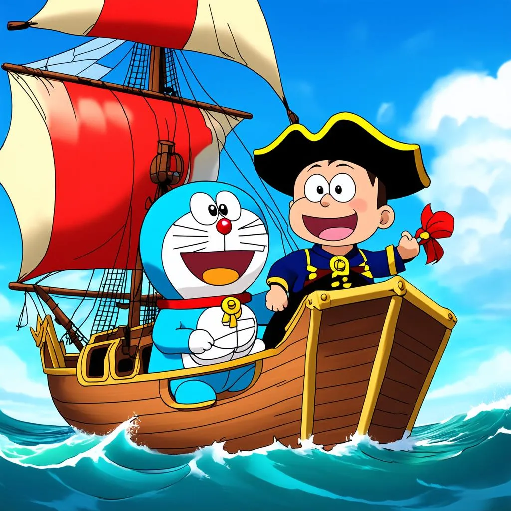 Hình ảnh Doraemon và Nobita chơi trò cướp biển