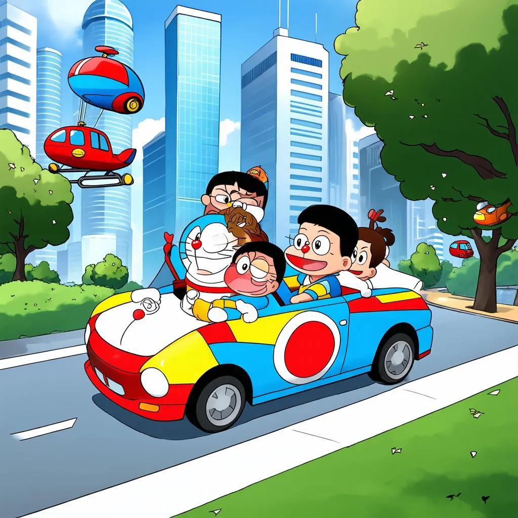 Doraemon và Nobita trên xe ô tô