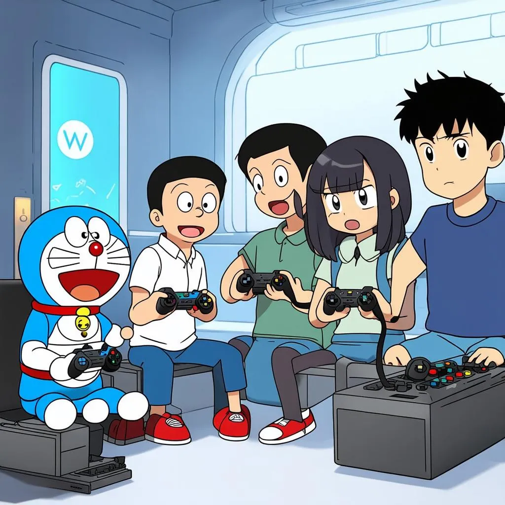 Doraemon, Nobita, and friends playing video games