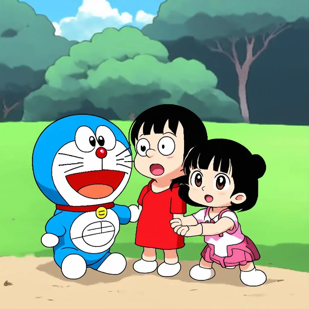 Doraemon, Nobita và Xuka đang chơi cùng nhau