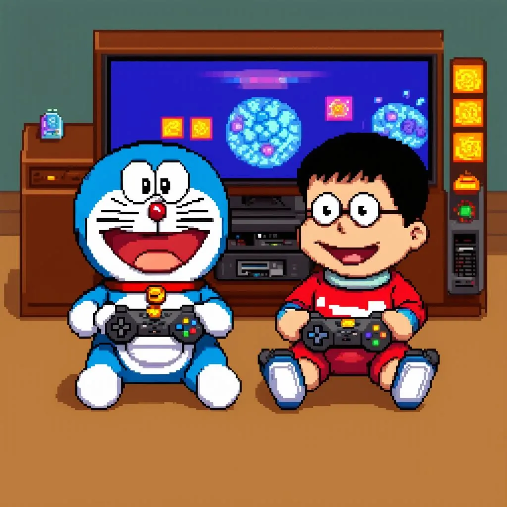 Doraemon và Nobita chơi game cùng nhau