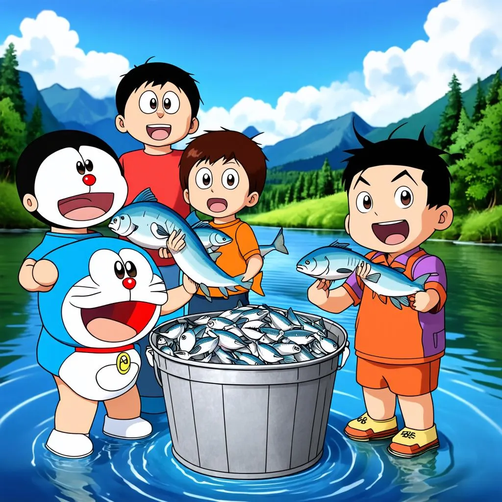 Doremon, Nobita, Xuka, Suneo và Jaian câu được nhiều cá