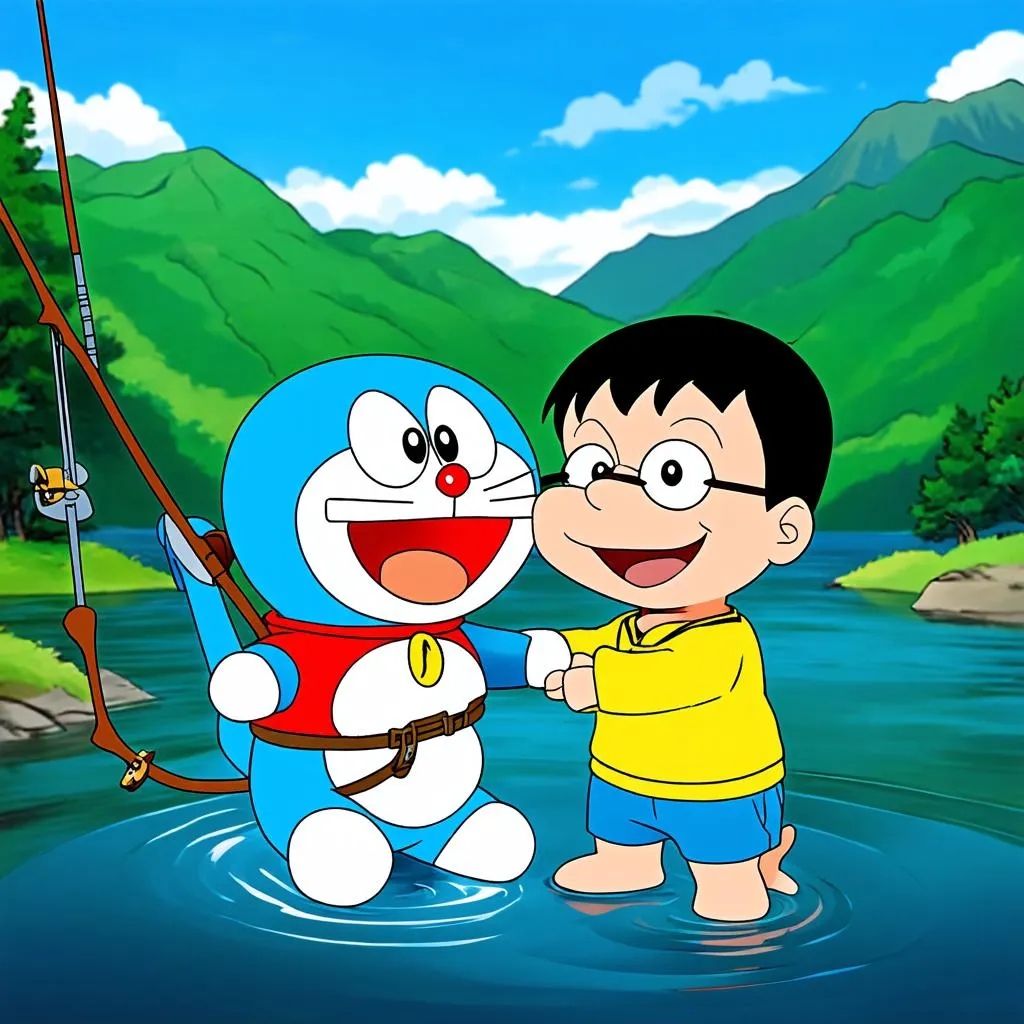 Doremon và Nobita câu cá