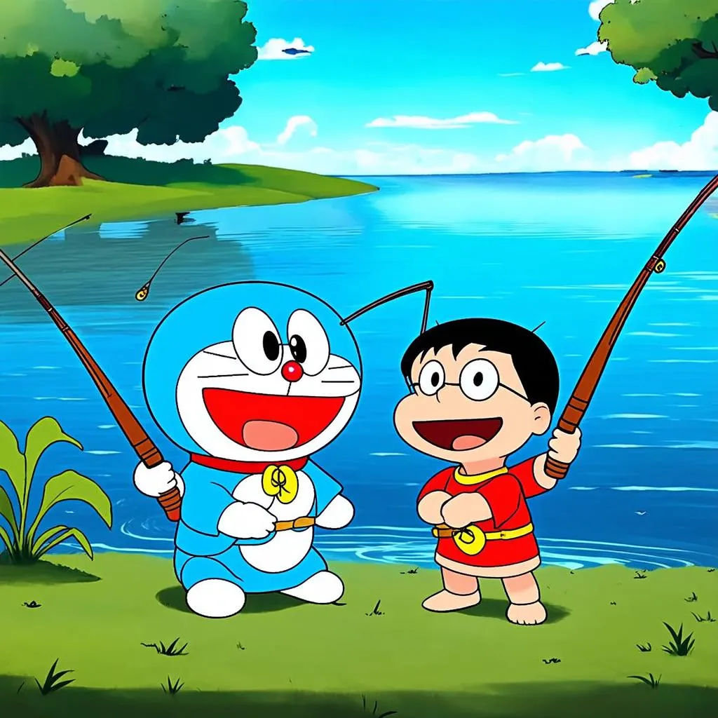 Doremon và Nobita đang câu cá