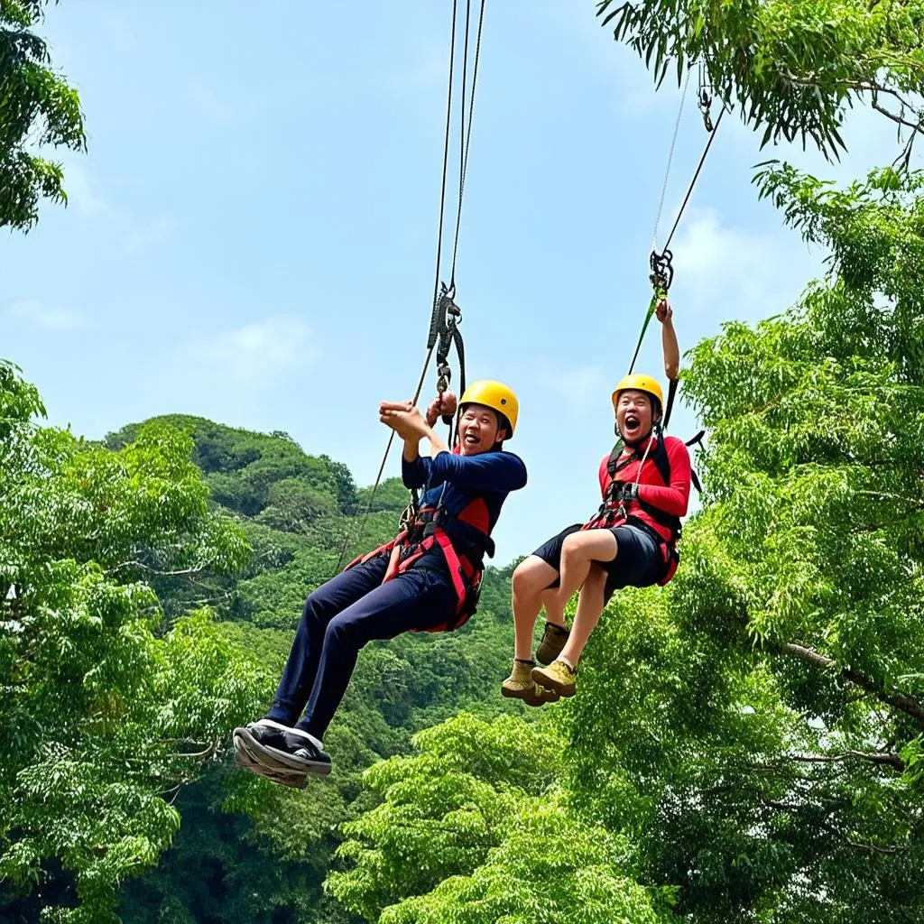 Du khách chơi zipline