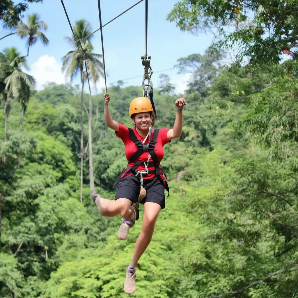 Du khách chơi zipline tại Hồ Mây