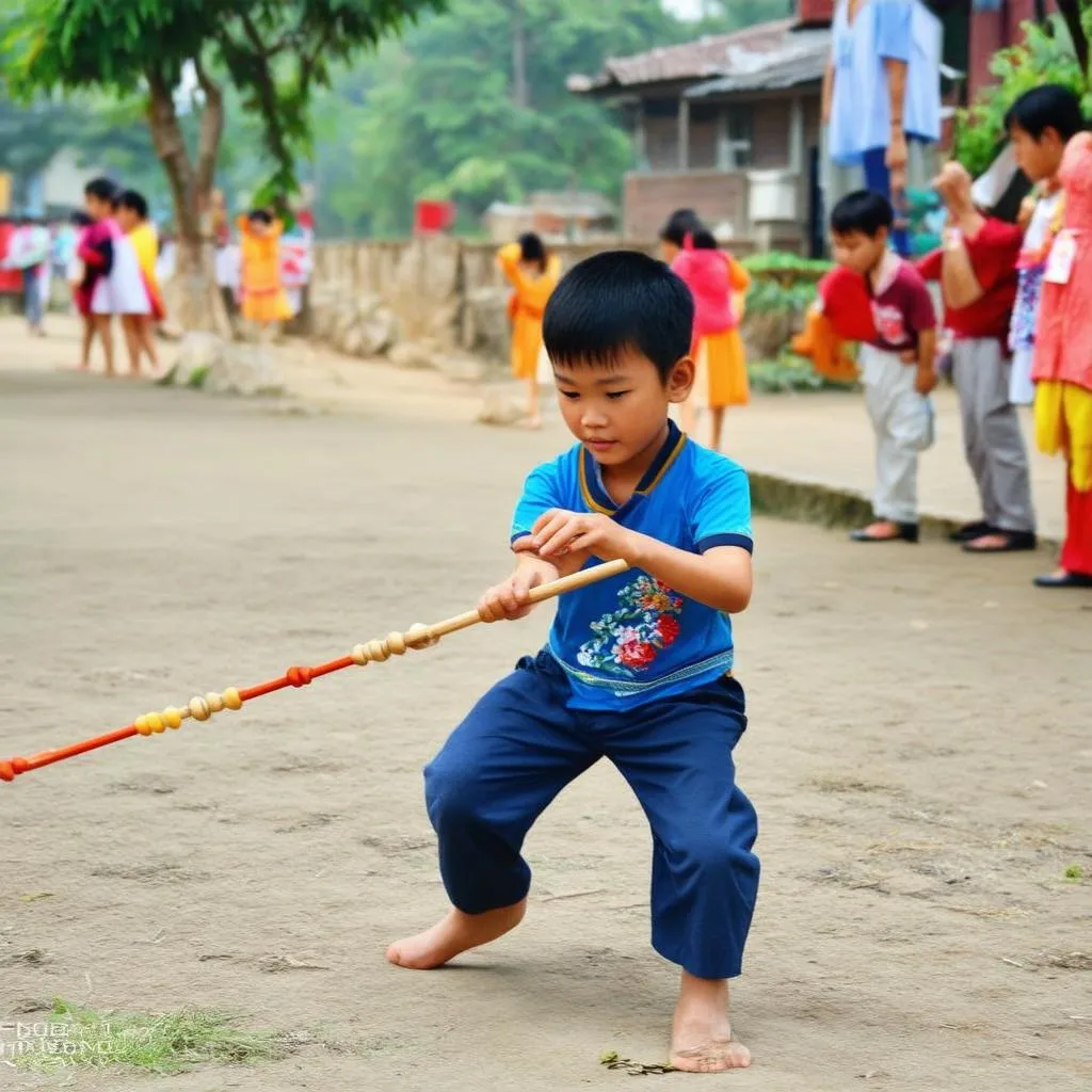 Em bé chơi ô ăn quan