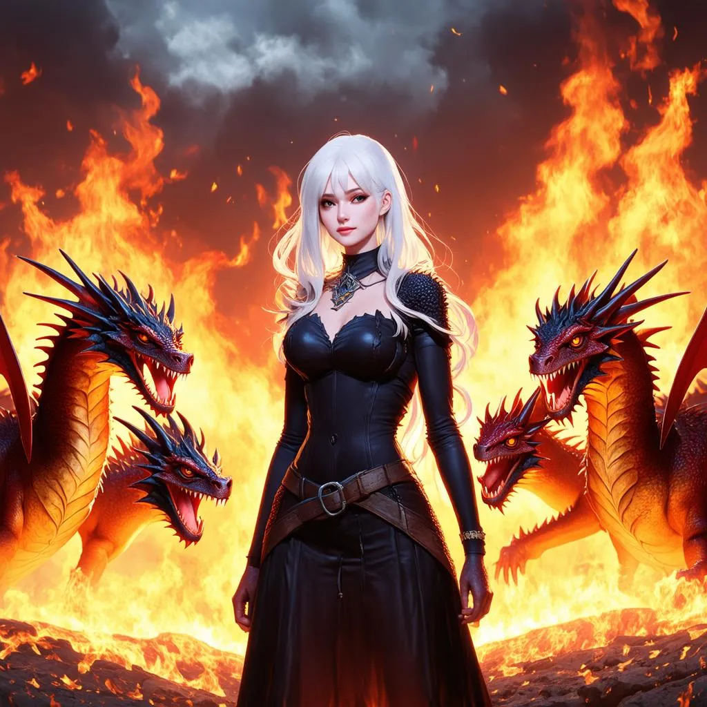 Daenerys Targaryen đứng trước 3 con rồng