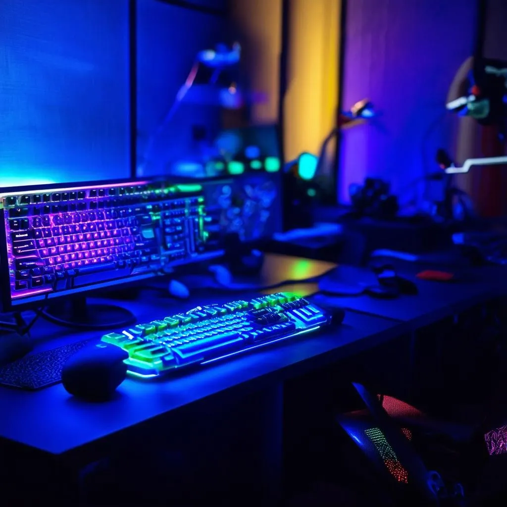 Bàn PC gaming setup với đèn neon